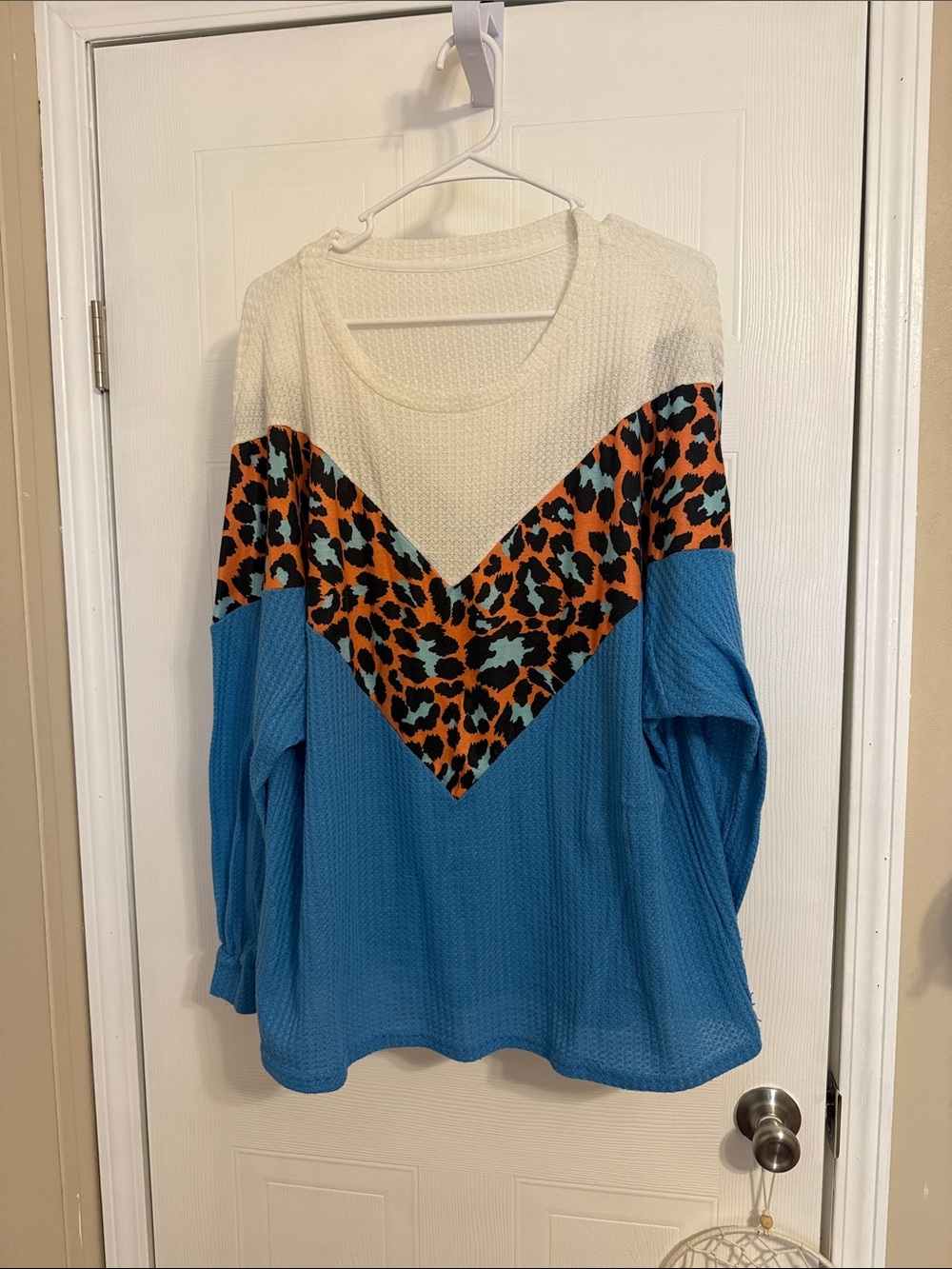 SHEIN Blue, Cream & Orange Leopard Chevron Long Sleeve Top